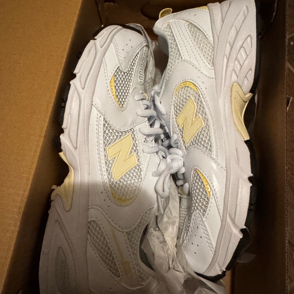 New Balance White and yellow Kids' Sneakers. Worn 1 time. With original box.